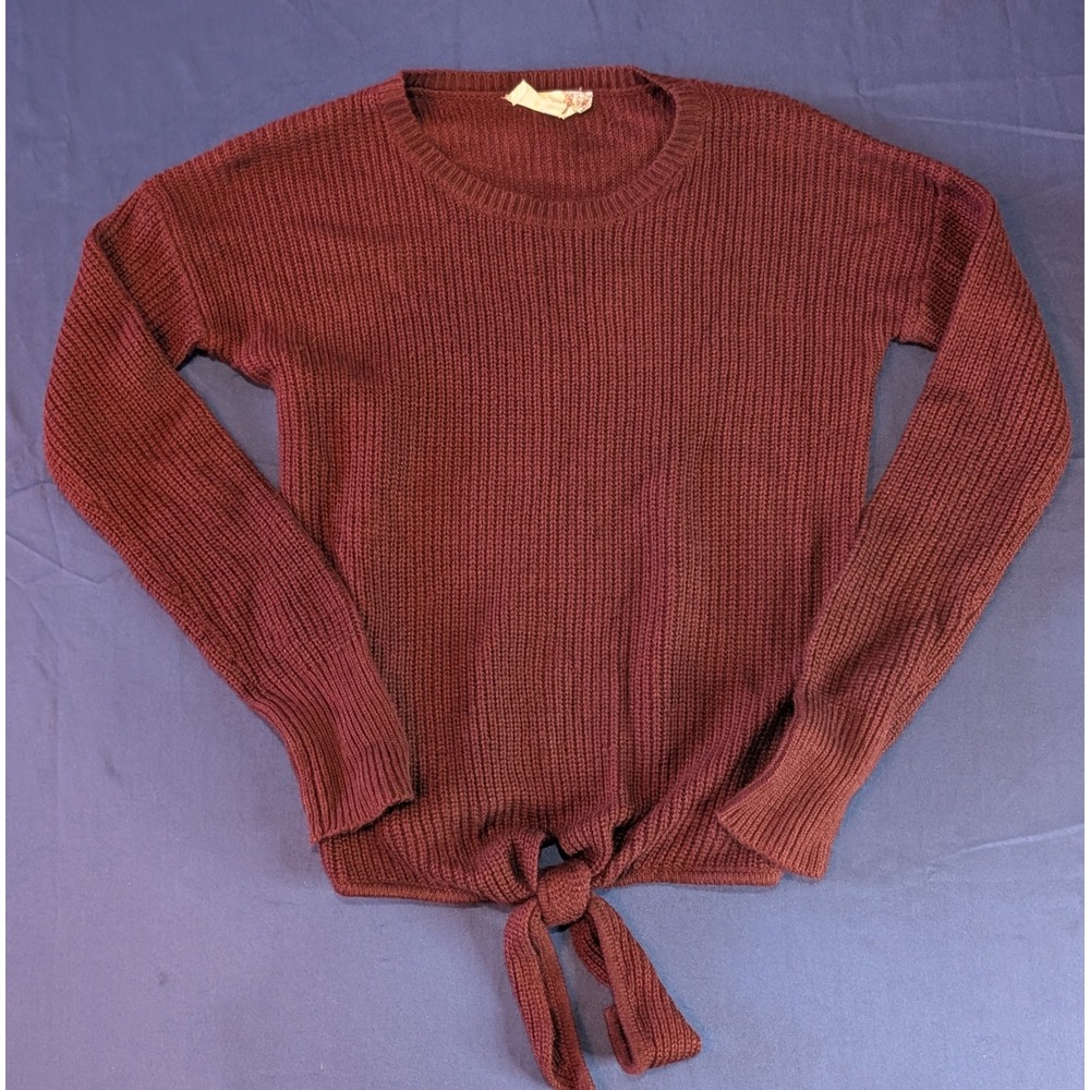 Pink Republic Burgundy Ribbed Knit Tie Front Sweater Long Sleeve Women's XS - Picture 2 of 12